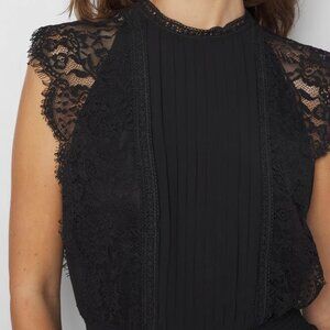 WHBM $200 Cap Sleeve Lace Detail Pleated Midi Dress Black 8 12